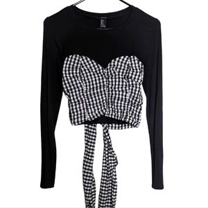Forever 21 Long Sleeve Black Gray Gingham Print Crop Top with Tie Size Medium